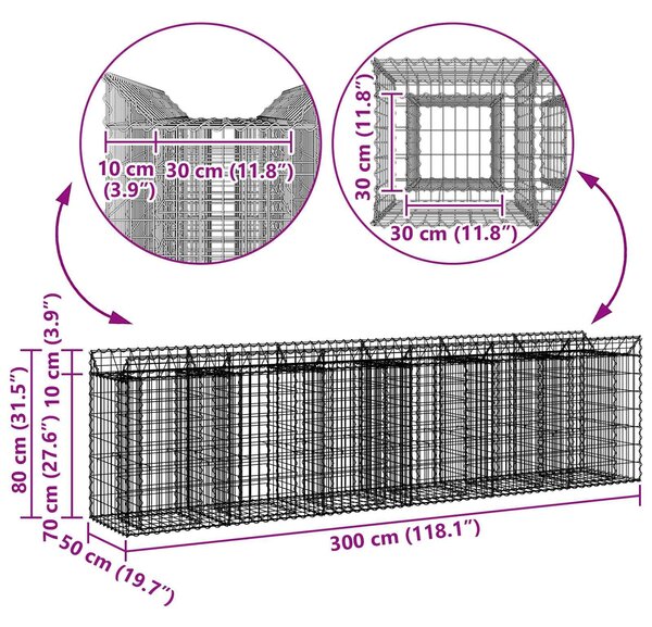 VidaXL Gabion emelt ágy 2 db 300 x 50 x 80 cm Horganyzott Acél Ezüst