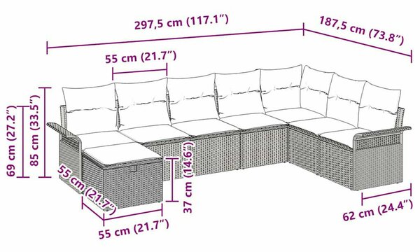 VidaXL Kerti Kanapé Szett párnával 8 pcs Beige és krém polirattan