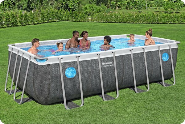 Csővázas kerti medence ablakokkal 488×244×122 cm, szürke rattan, pumpa+létra
