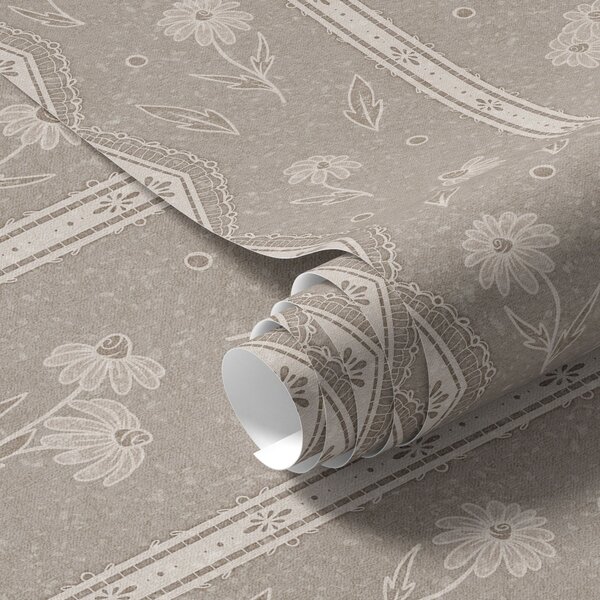 Tapéta Csíkok százszorszépekkel és csipkével szürke-bézs háttéren, Virágok és növények tapétá, a00295 : Uwalls.hu