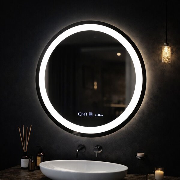 LED Kerek Tükör, 50 cm Átmérő, Celeste MotionGlow Marcello, Ködmentesítő Rendszer, Óra és Hőmérő, Dimmelhető, Meleg, Semleges, Hideg Fény 3000K/4000K/6000K