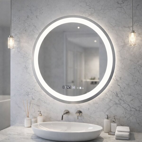 LED Kerek Tükör, 50 cm Átmérő, Celeste MotionGlow Marcello, Ködmentesítő Rendszer, Óra és Hőmérő, Dimmelhető, Meleg, Semleges, Hideg Fény 3000K/4000K/6000K