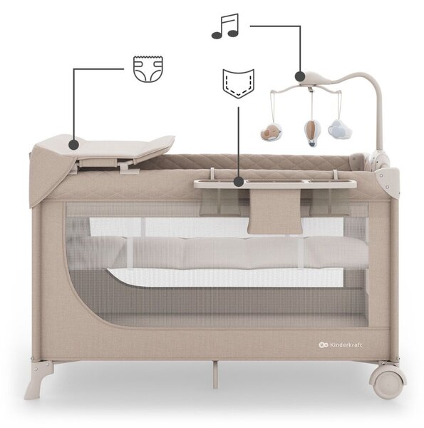 KINDERKRAFT Utazóágy LEODY UP Beige kiegészítőkkel