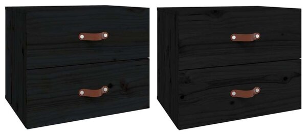 VIDAXL - 2 db Fekete Tömör Fenyőfa Falra Szerelhető Éjjeliszekrény - 50x36x40 cm