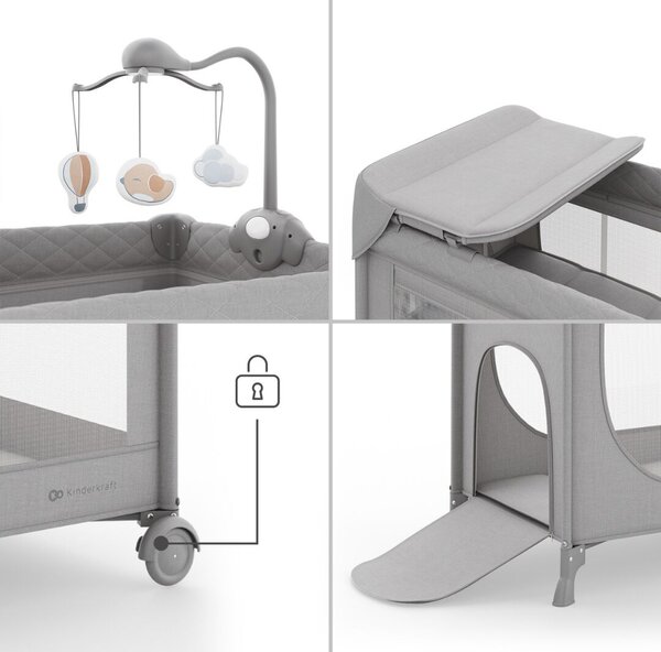 KINDERKRAFT Utazóágy LEODY UP Grey kiegészítőkkel