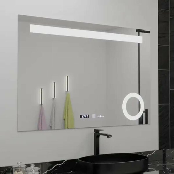 LED Tükör, Téglalap alakú, 100x75cm, ABSOLU MotionGlow Marcello, Ködmentesítő rendszer, Óra és Hőmérő, Esztétikai nagyító, Fényerőszabályozható