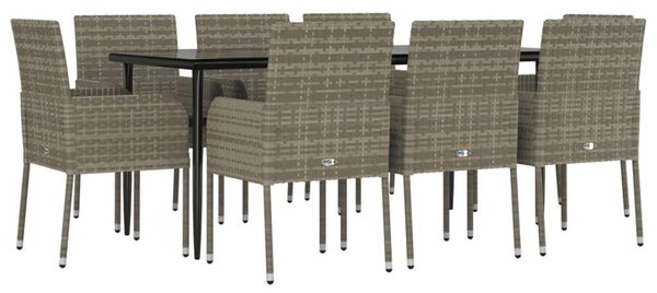 9 részes fekete és szürke polyrattan kerti étkezőszett párnával