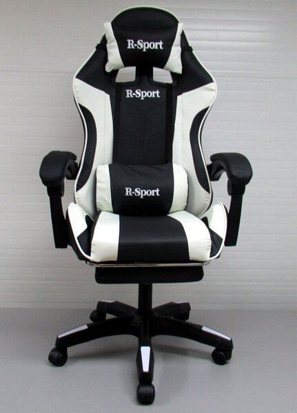 Lábtartós, masszírozós gamer szék, fekete-fehér