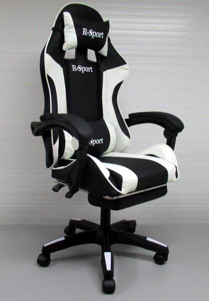 Lábtartós, masszírozós gamer szék, fekete-fehér