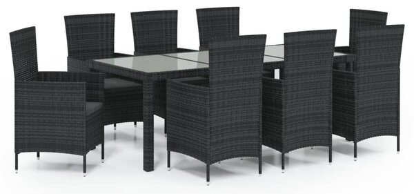 VidaXL 9 részes fekete polyrattan kültéri étkezőszett párnákkal