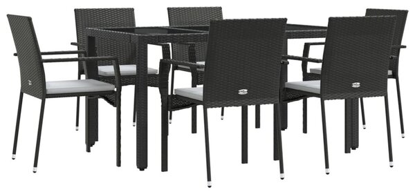 7 részes fekete polyrattan kerti étkezőgarnitúra párnával
