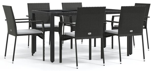 7 részes fekete polyrattan kerti étkezőgarnitúra párnával