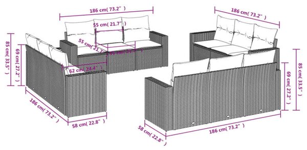 VidaXL Polyrattan Kerti Ülőgarnitúra - Fekete - 12 részes