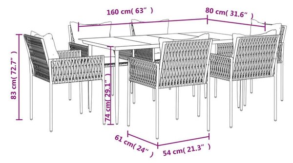 VidaXL 7-részes polyrattan és acél kerti étkezőgarnitúra párnával