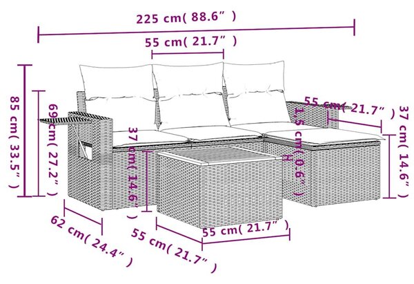 VidaXL 5 db fekete polyrattan kerti kanapégarnitúra párnákkal