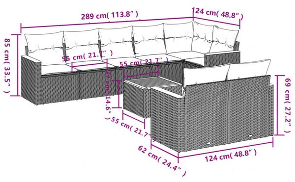 VidaXL 9-részes bézs polyrattan kerti ülőgarnitúra párnákkal