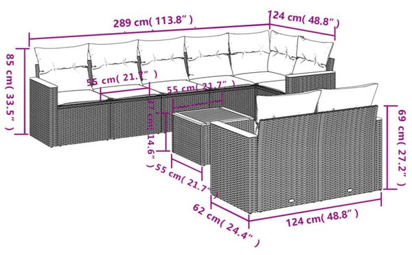 VidaXL 9-részes bézs polyrattan kerti ülőgarnitúra párnákkal