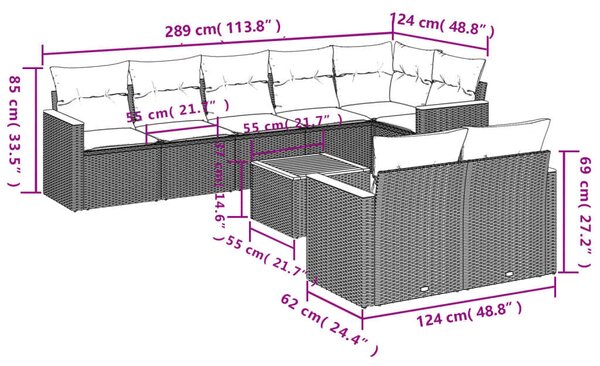 VidaXL 9-részes bézs polyrattan kerti ülőgarnitúra párnákkal
