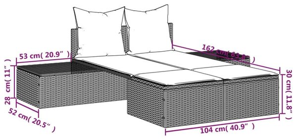 VidaXL szürke polyrattan dupla napozóágy párnával