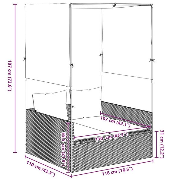 VidaXL Dupla Napozóágy - Polyrattan - Barna - 118x110x187cm