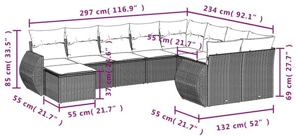 10 db szürke polyrattan kerti kanapégarnitúra párnákkal