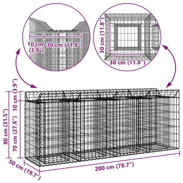 VidaXL Gabion emelt ágy 2 db 200 x 50 x 80 cm Horganyzott Acél Ezüst