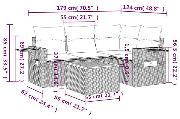 VidaXL 5 db fekete polyrattan kerti kanapégarnitúra párnákkal
