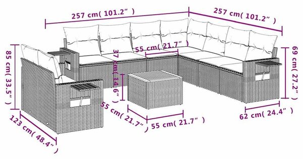 VidaXL 10 db fekete polyrattan kerti kanapégarnitúra párnákkal