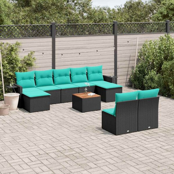 VidaXL 10 db fekete polyrattan kerti kanapégarnitúra párnákkal