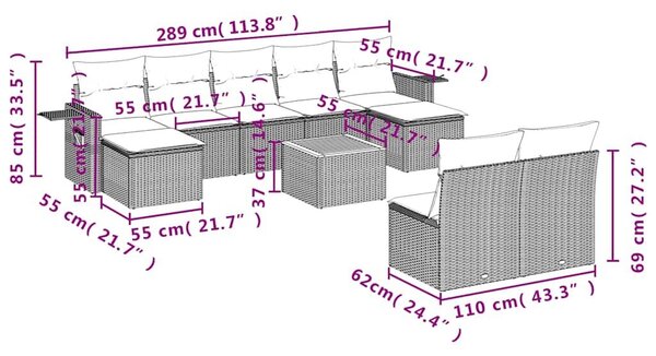 VidaXL 10 db fekete polyrattan kerti kanapégarnitúra párnákkal