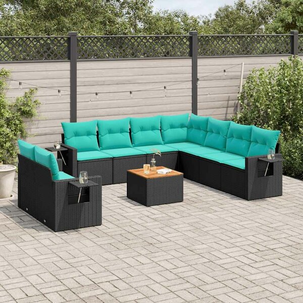 VidaXL 10 db fekete polyrattan kerti kanapégarnitúra párnákkal