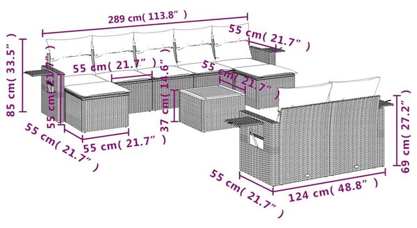VidaXL 10 db fekete polyrattan kerti kanapégarnitúra párnákkal