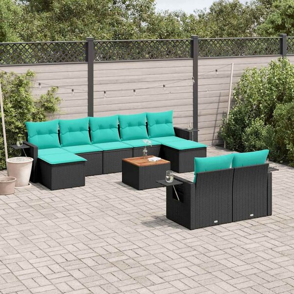 VidaXL 10 db fekete polyrattan kerti kanapégarnitúra párnákkal