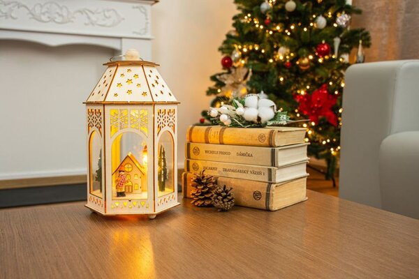Lámpás MagicHome Vianoce, Fa falu, 9x LED, meleg fehér, 16,5x14x30 cm