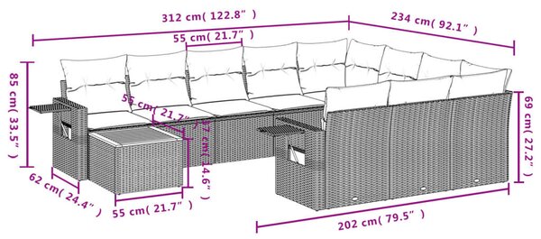 VidaXL 11 db szürke polyrattan kerti kanapégarnitúra párnákkal