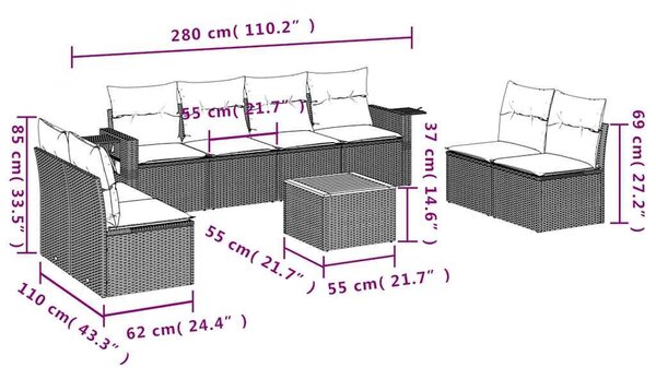 VidaXL 9 db fekete polyrattan kerti kanapégarnitúra párnákkal