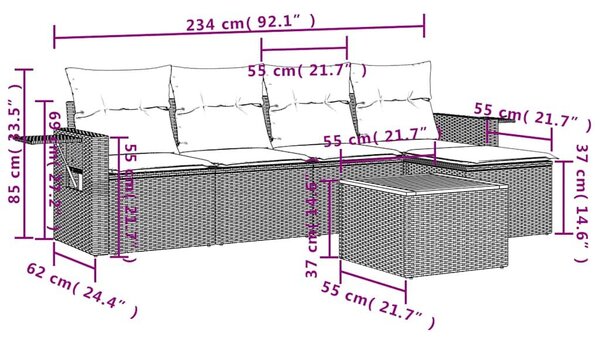 VidaXL 6 db szürke polyrattan kerti kanapégarnitúra párnákkal