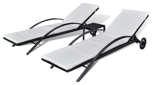 VidaXL Napozóágy Szett - 2 db + Asztal - Fekete Polyrattan