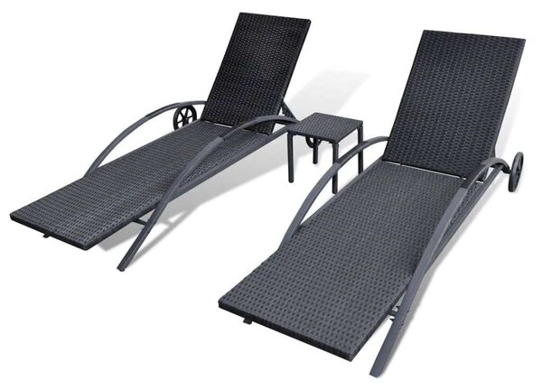 VidaXL Napozóágy Szett - 2 db + Asztal - Fekete Polyrattan