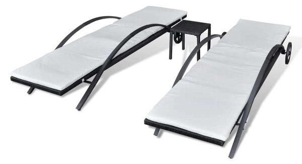 VidaXL Napozóágy Szett - 2 db + Asztal - Fekete Polyrattan