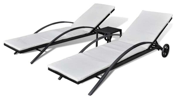 VidaXL Napozóágy Szett - 2 db + Asztal - Fekete Polyrattan