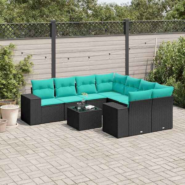 VidaXL 9 db fekete polyrattan kerti kanapégarnitúra párnákkal