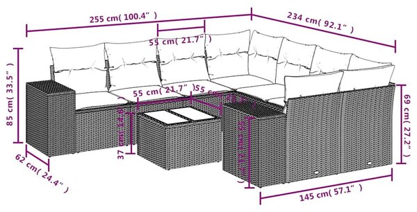 VidaXL 9 db fekete polyrattan kerti kanapégarnitúra párnákkal