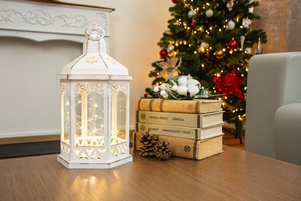 Lámpás MagicHome Vianoce Morocco, LED meleg fehér, fehér, 3xAAA, műanyag, időzítő, 18x15x32 cm