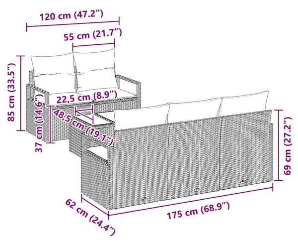 Kerti Kanapé Szett 6 pcs Fekete 55 x 55 x 37 cm polirattan