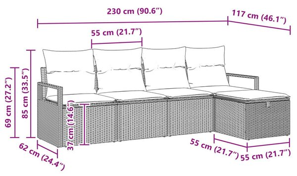 VidaXL Polyrattan kanapé szett párnával, 5 db-os, fekete és türkiz