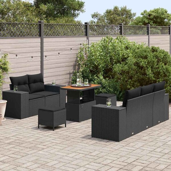 VidaXL Kerti Kanapé Szett párnával tárolóval 8 pcs Fekete Poly Rattan