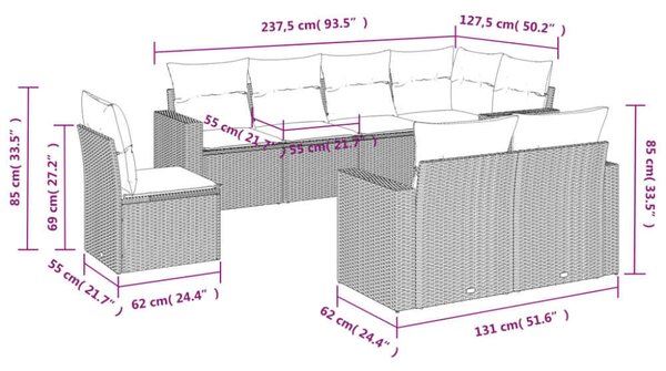 Polyrattan Kerti Ülőgarnitúra - 8 részes - Fekete