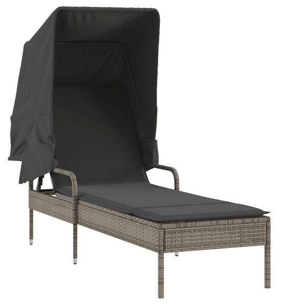 Napozóágy - Szürke Polyrattan - Tetővel - 200cm