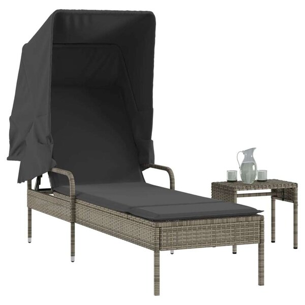 VidaXL Napozóágy - Szürke Polyrattan - Tetővel és Asztallal